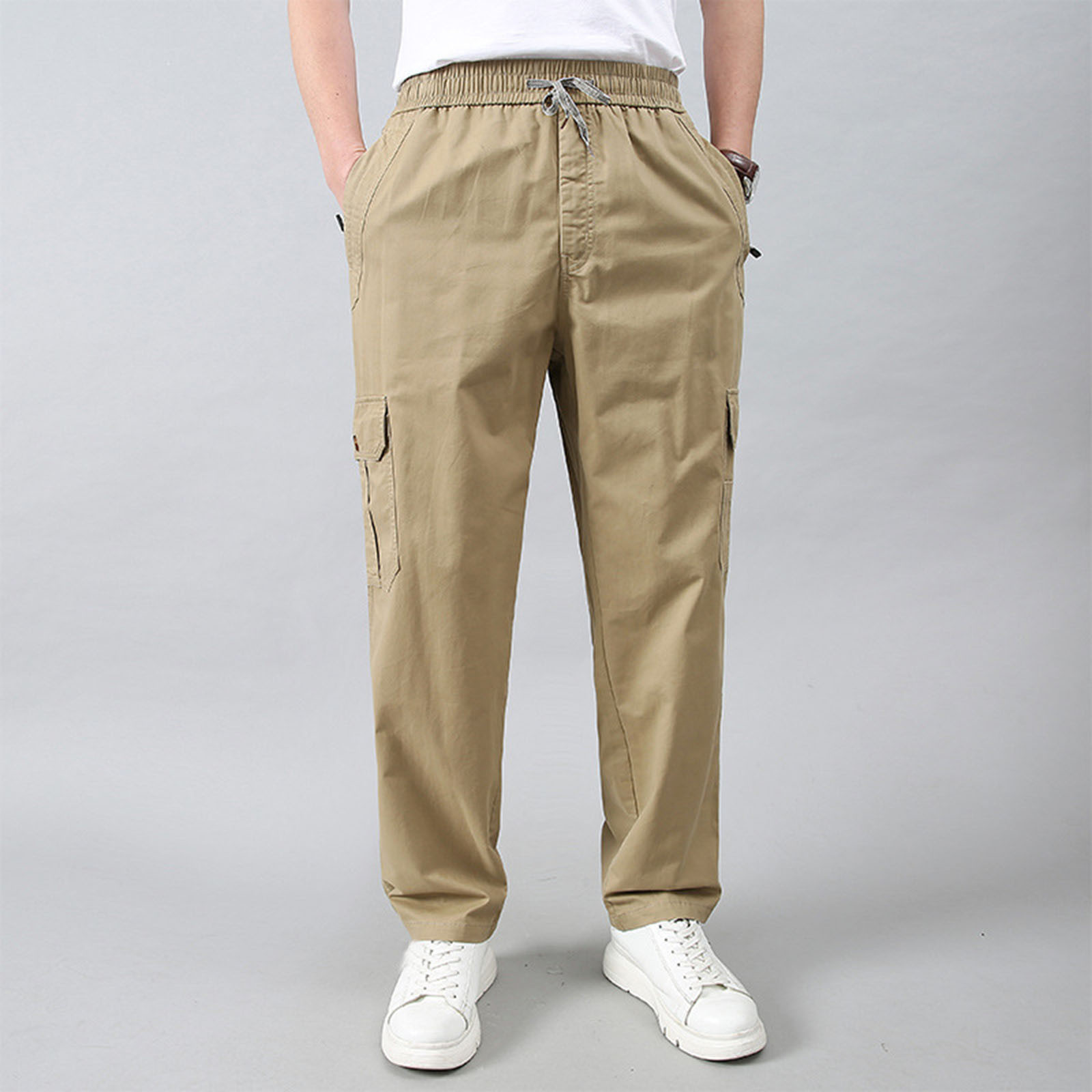 thumbnail image 2 of Pantalones cargo de senderismo para hombre - Cintura elástica con cordón - 6 bolsillos, corte holgado - Ropa deportiva/de exterior/casual, 2 of 5